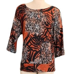 Susan Lawrence Knit Blouse Multicolor Abstract Animal Print Sz M  BOHO #245G